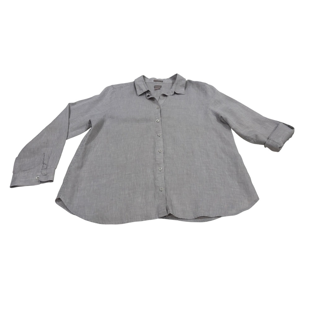 Chicos No Iron Linen Shirt Grey Button Down Long Sleeve Top Womens Size 2 L XL